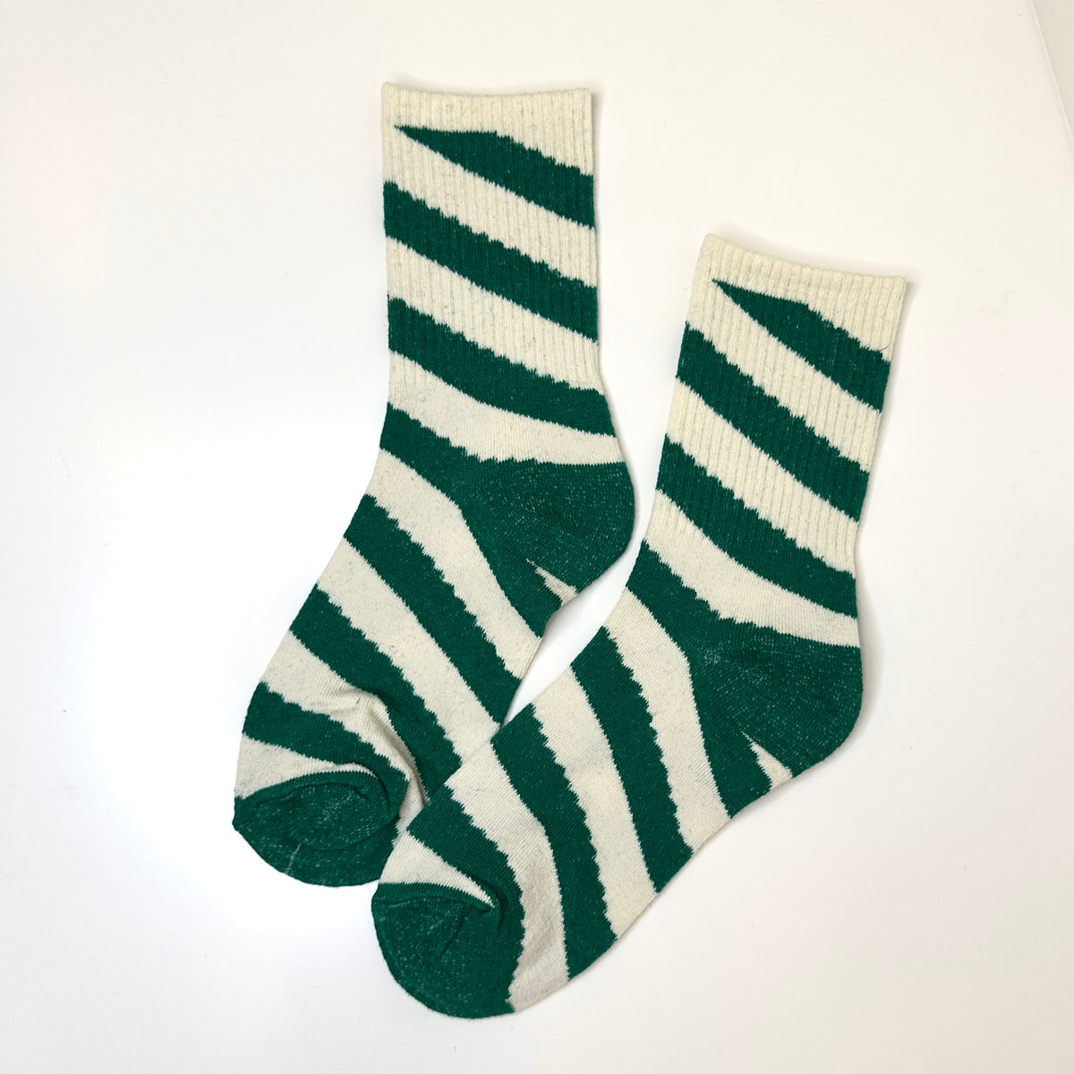 White & Moss Green Stripey - Mid Leg Socks