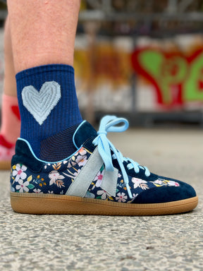 Parker sneaker - Floral - Dark blue flower printed suede and baby blue suede details.