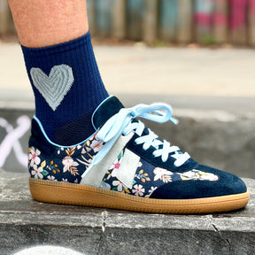 Parker sneaker - Floral - Dark blue flower printed suede and baby blue suede details.