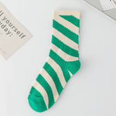 White & Moss Green Stripey - Mid Leg Socks