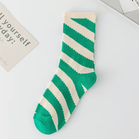 White & Moss Green Stripey - Mid Leg Socks
