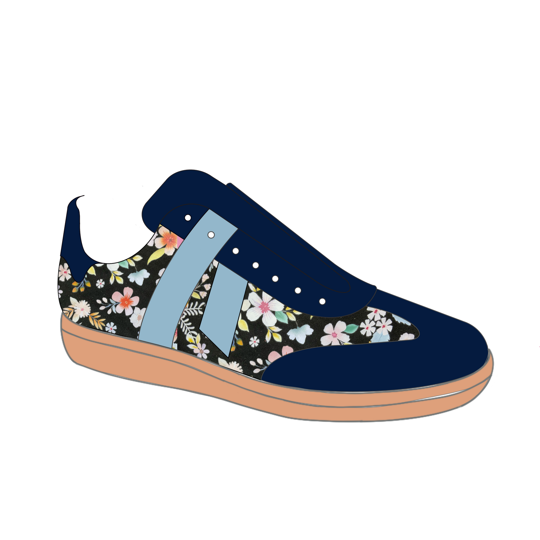 Parker sneaker - Floral - Dark blue flower printed suede and baby blue suede details.